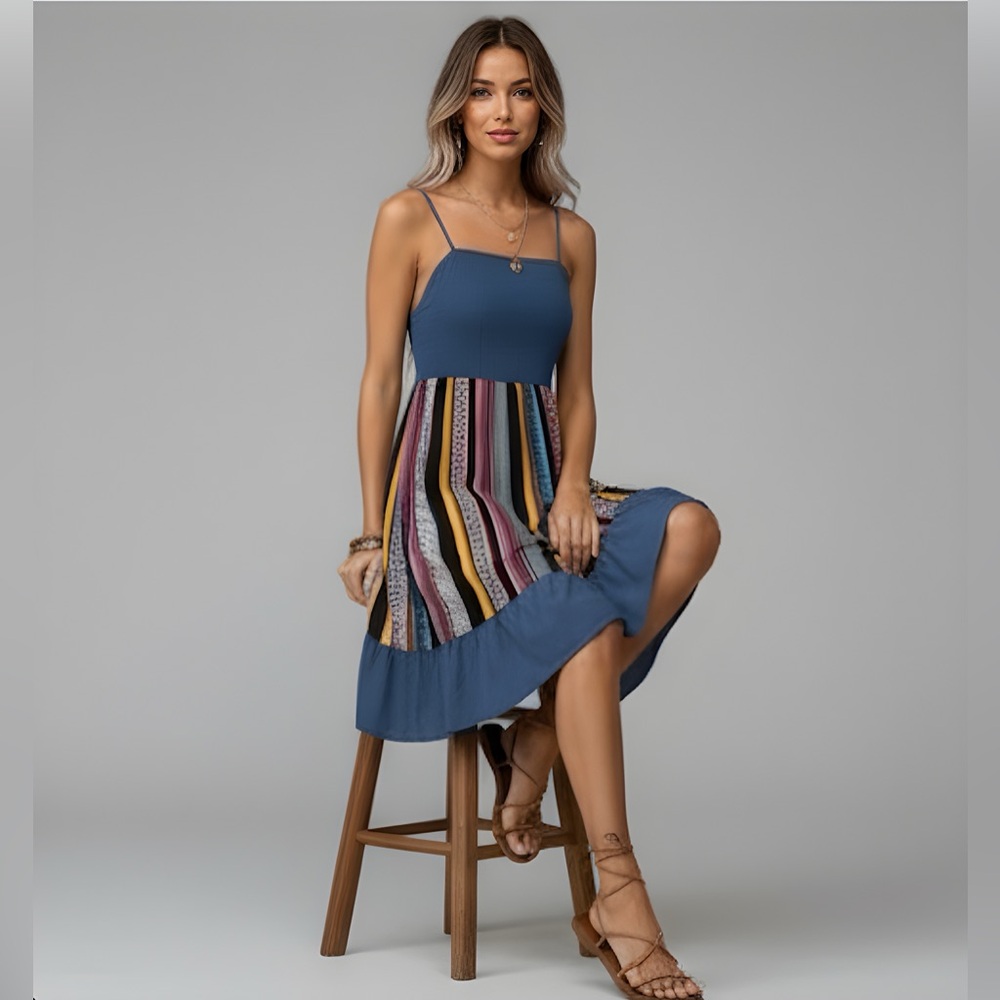 Blue Print Ruffle Hem High Low Dress